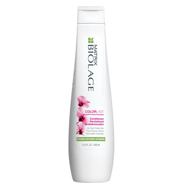 White 13.5-ounce bottle of Matrix Biolage ColorLast Conditioner with pink floral design and green accents.
