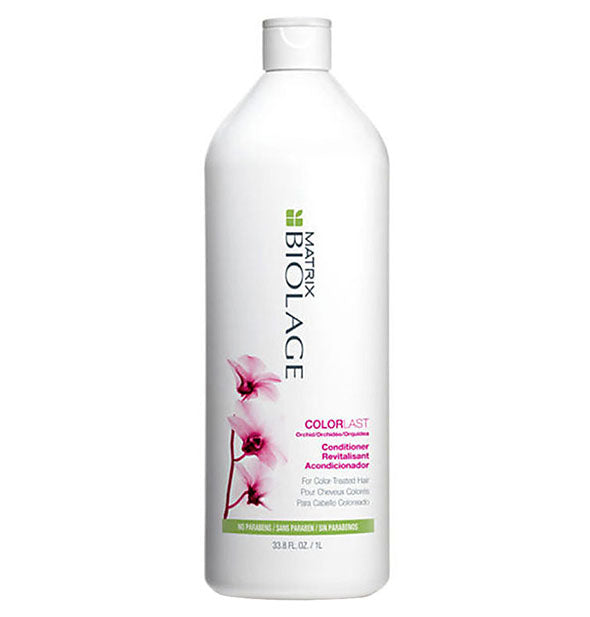 White 33.8-ounce (1 liter) bottle of Matrix Biolage ColorLast Conditioner with pink floral design and green accents.