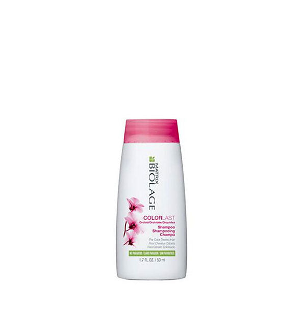 White 1.7-ounce travel size bottle of Matrix Biolage ColorLast Shampoo with pink and green design accents.