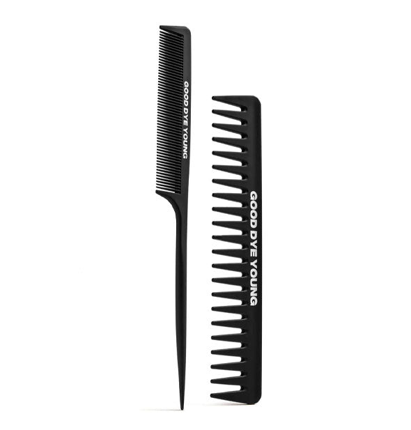 Set of two black combs, one fine tooth with rat tail and one wide tooth, both in matte black finish with Good Dye Young printed in white on each