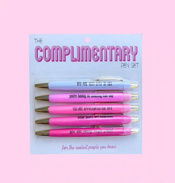 Pack of five pink and purple pens with complimentary messages printed on them