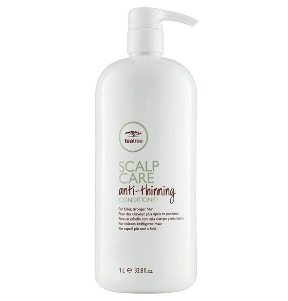 White 33.8 ounce bottle of Paul Mitchell Tea Tree Scalp Care Anti-Thinning Conditioner with pump nozzle