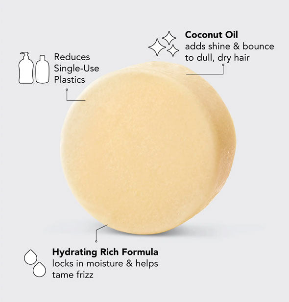 Bar of solid conditioner is labeled with its key benefits: Coconut Oil adds shine & bounce to dry, dull hair; Hydrating rich formula locks in moisture & helps tame frizz; Reduces single-use plastics