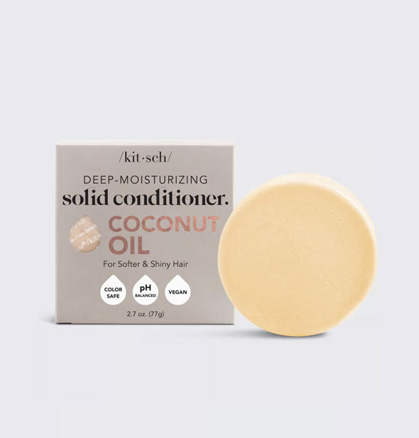 Round bar of Deep-Moisturizing Coconut Oil Solid Conditioner for Softer & Shiny Hair by Kitsch with packaging