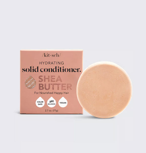 Round bar of Hydrating Solid Conditioner with Shea Butter for Nourished Happy Hair with packaging