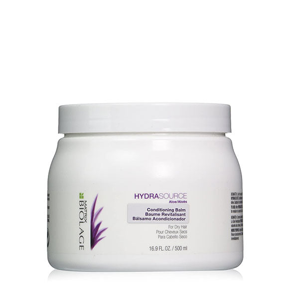 White 16.9-ounce tub of Matrix Biolage HydraSource Conditioning Balm with purple and green design accents.