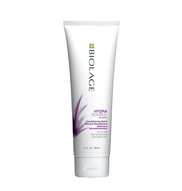 White 9.5-ounce tube bottle of Matrix Biolage HydraSource Conditioning Balm with purple and green design accents.