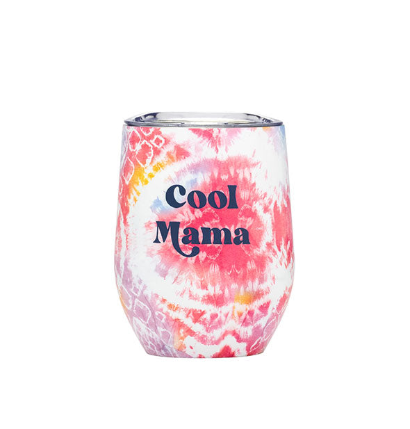 Tie dye print drink tumbler with plastic lid says, "Cool Mama" in dark blue lettering in the center