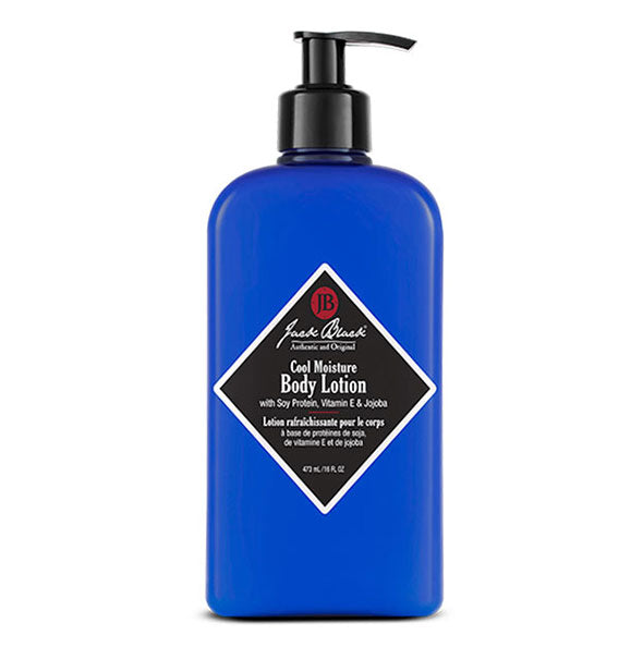 Blue 16 ounce bottle of Jack Black Cool Moisture Body Lotion with black cap and diamond-shaped black and white label with red accents