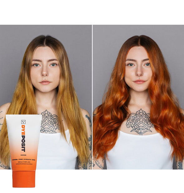 Model's hair before and after using Good Dye Young DYEposit in Copper
