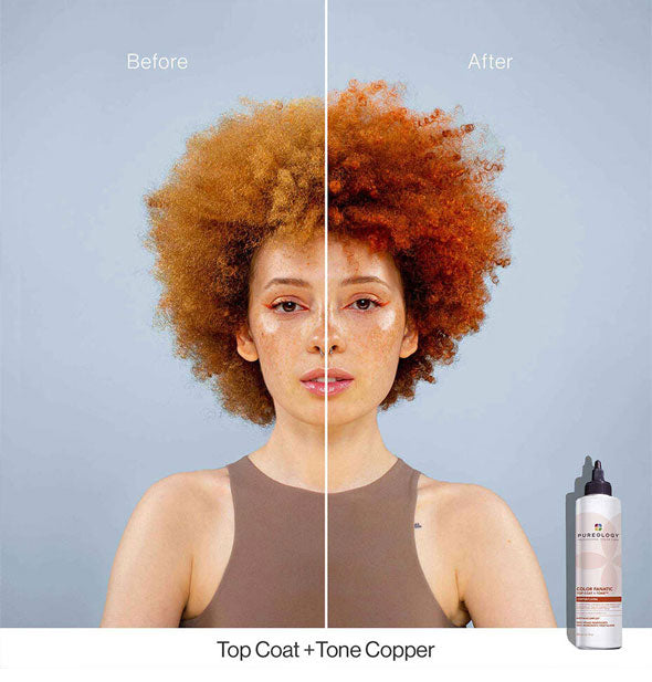 Side-by-side comparison of model's hair before and after treating with copper Pureology Color Fanatic Top Coat + Tone