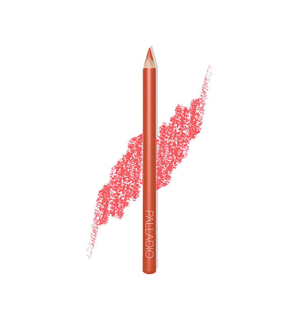 Palladio liner pencil in a coral shade with drawn product sample behind