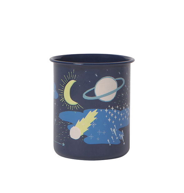 Navy blue cup with cosmic design theme that includes Saturn, a crescent moon, comet, stars, and other celestial objects