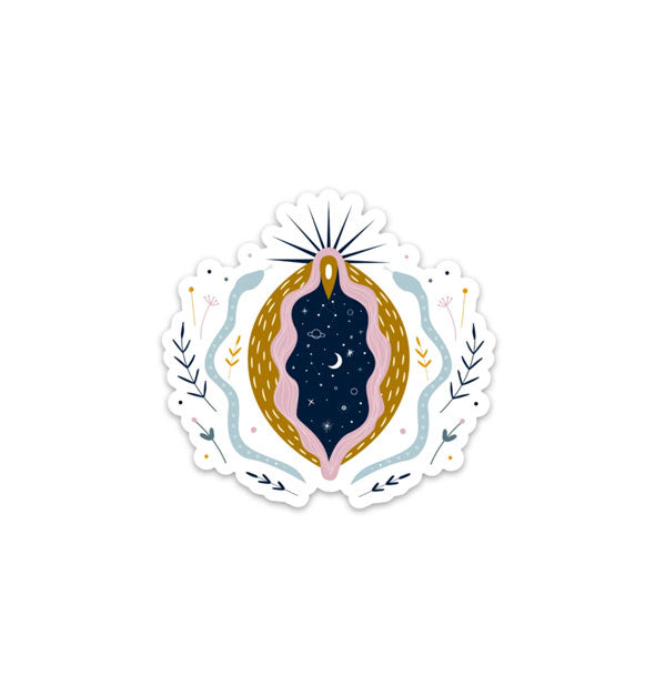 Sticker with intricate cosmic-themed illustration representing the female anatomy