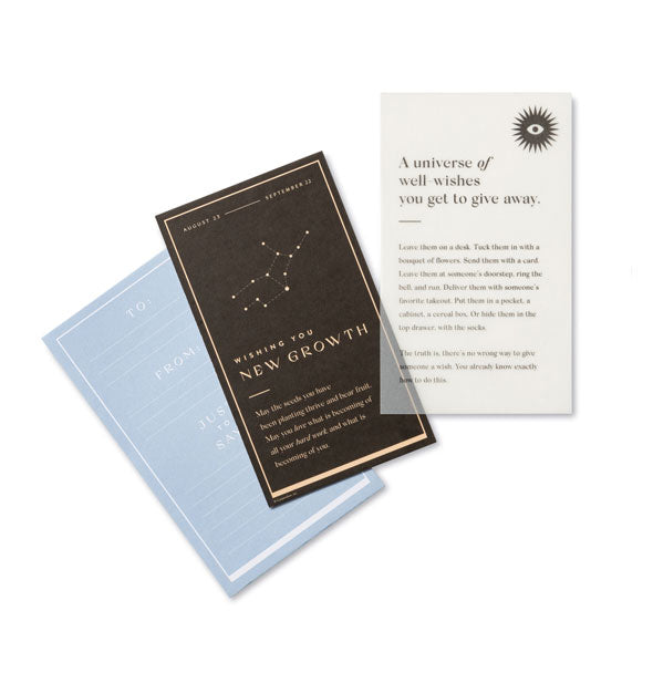 Samples from the Cosmic Well Wishes deck features a constellation card printed with the phrase, "Wishing you new growth"