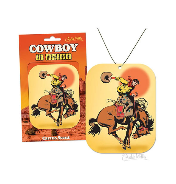 Hanging Cowboy Air Freshener hanging on a string features image of a cowboy riding a bucking bronco
