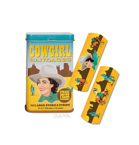 Tin of Cowgirl Bandages with two samples shown that are printed with Western landscapes