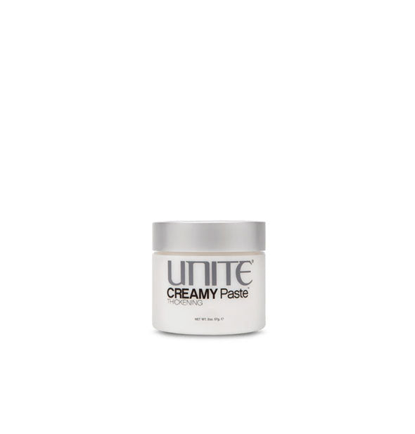 Small white 2 ounce pot of Unite Creamy Paste Thickening styler