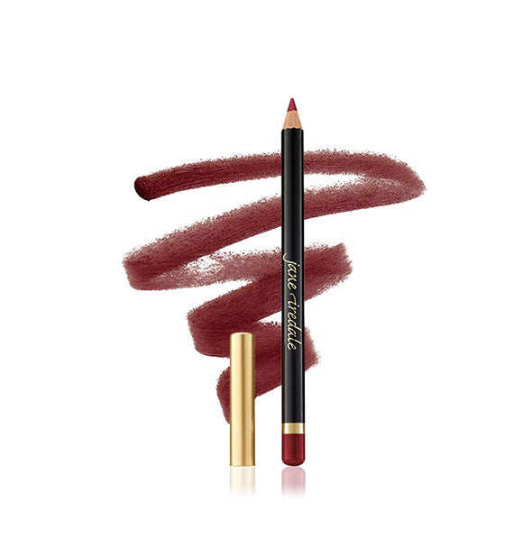 Jane Iredale Lip Pencil with cap removed and product sample drawing behind in the shade Crimson