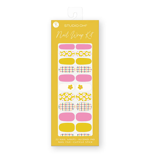 Nail Wrap Kit by Studio Oh! features daisy-themed designs in rainbow plaid, golds, and pinks