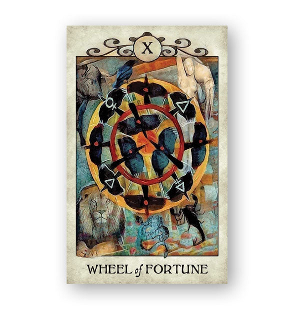 Wheel of Fortune card from the Crow Tarot Deck features colorful radial illustration with other animals represented