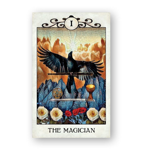 The Magician card from the Crow Tarot Deck features a colorful illustration of the black bird with wings outstretched