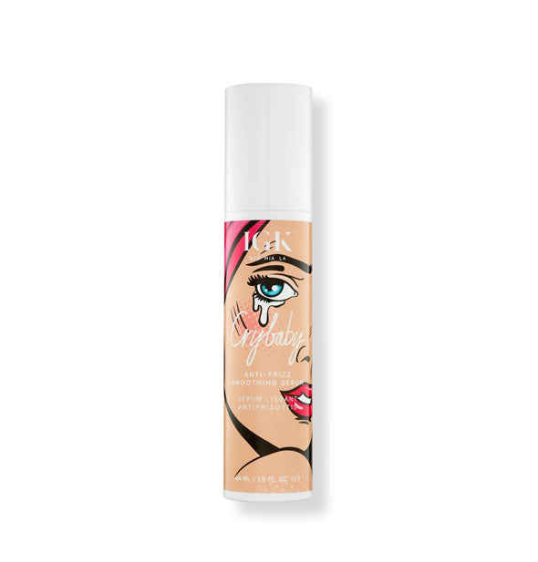 1.5 ounce bottle of IGK Crybaby Anti-Frizz Smoothing Serum with comic book illustration design