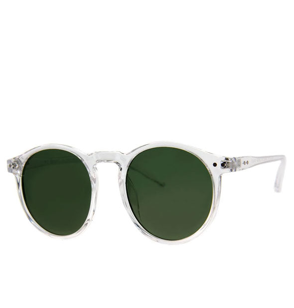 Pair of sunglasses with round clear frame and dark green lenses