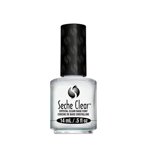 Clear 0.5-ounce (14 ml) bottle of Seche Clear Crystal Clear Base Coat nail polish with black patterned cap.