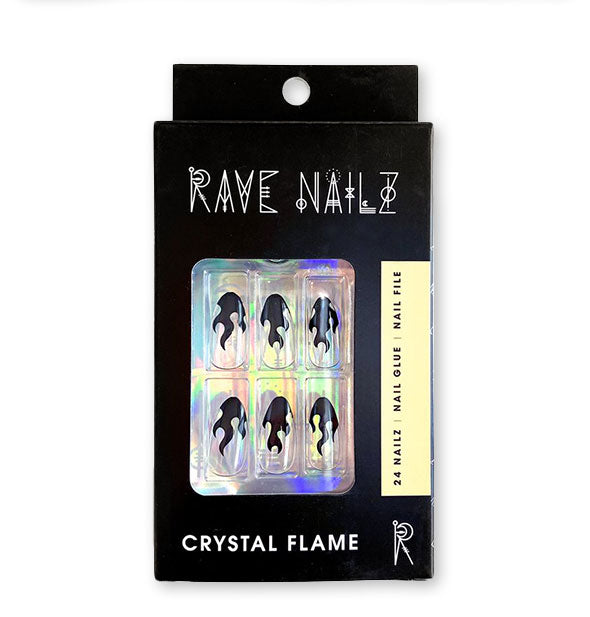 A pack of 24 press-on nails in Crystal Flame design by Rave Nailz.