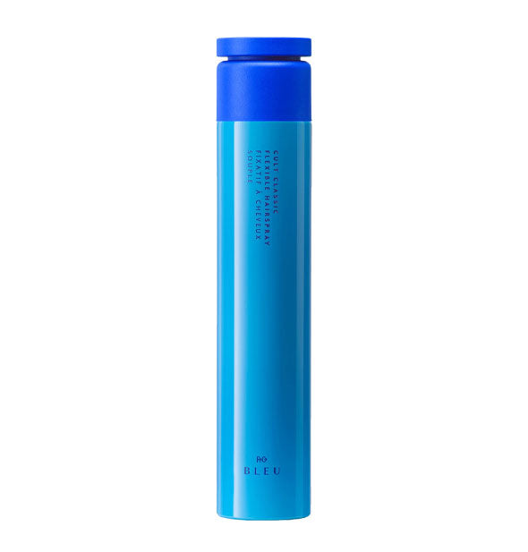Two-tone blue cylindrical can of R+Co Bleu Cult Classic Flexible Hairspray