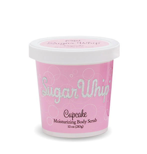 Pink and white 10 ounce tub of Sugar Whip Cupcake Moisturizing Body Scrub
