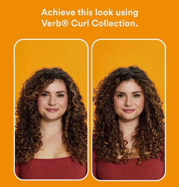 Side-by-side comparison of model's hair before and after using the Verb Curl Collection