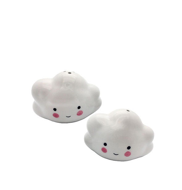 White ceramic fluffy cloud salt and pepper shakers with smiley face designs