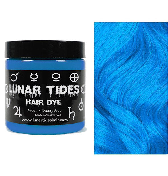 Lunar Tides Hair Dye pot shown in vibrant blue shade Cyan Sky