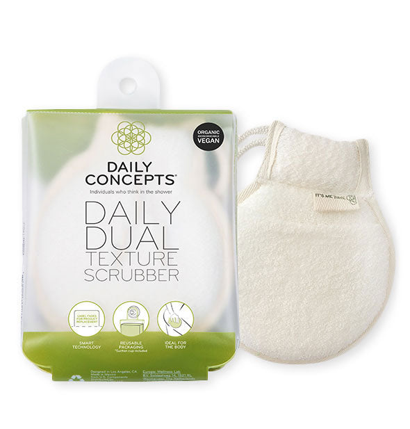 White Daily Dual Texture Scrubber by Daily Concepts with packaging