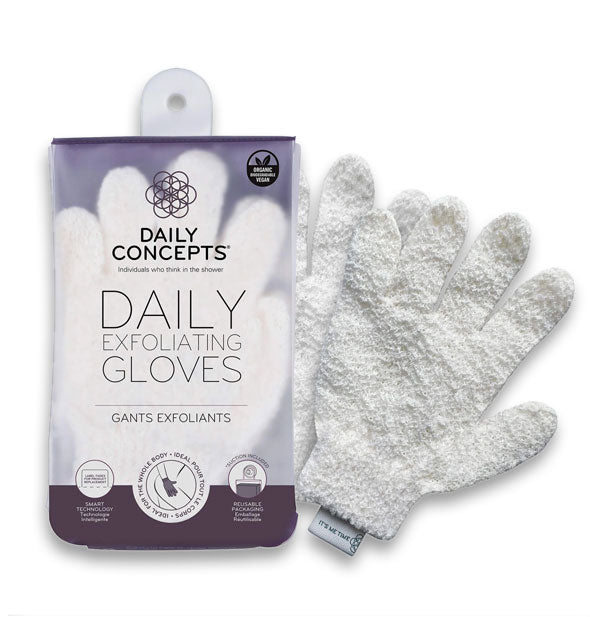 Daily Concepts white textured Daily Exfoliating Gloves with packaging