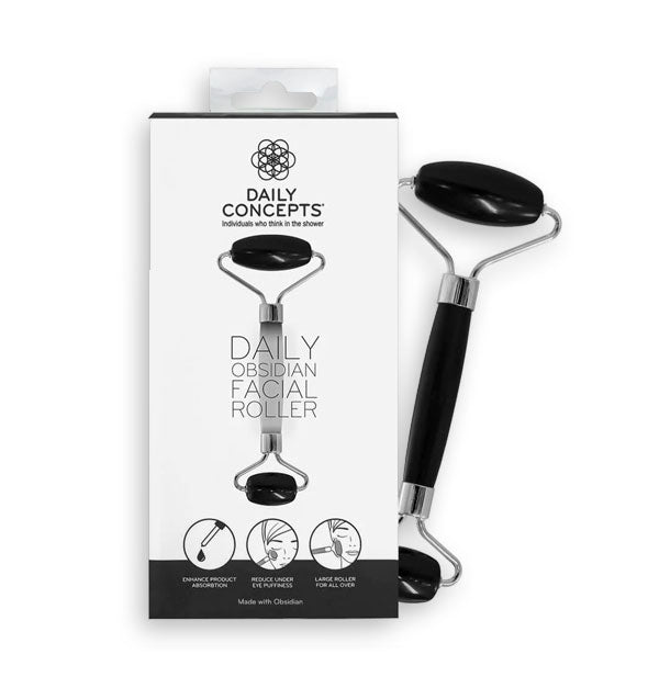 Dual-ended Daily Obsidian Facial Roller by Daily Concepts shown with box packaging