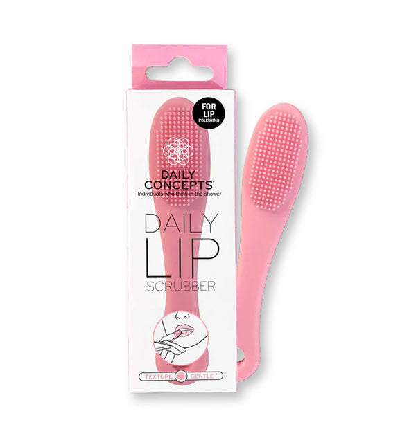 Pink silicone Daily Lip Scrubber by Daily Concepts with box packaging