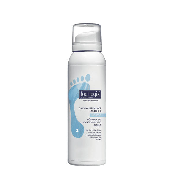 Can of Footlogix Daily Maintenance Formula Mousse 2 with light blue footprint graphic