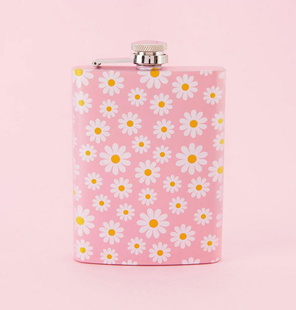 Rectangular pink flask with steel cap features all-over white and yellow daisy print