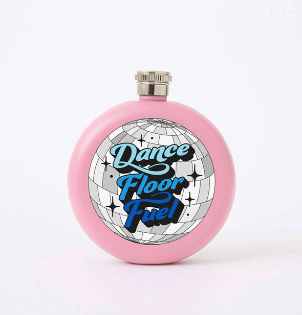 Round pink flask with central disco ball illustration that says, "Dance Floor Fuel" in blue lettering of different shades