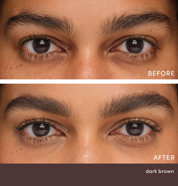 Model's eyebrows before and after applying Jane Iredale PureBrow Precision Pencil in Dark Brown