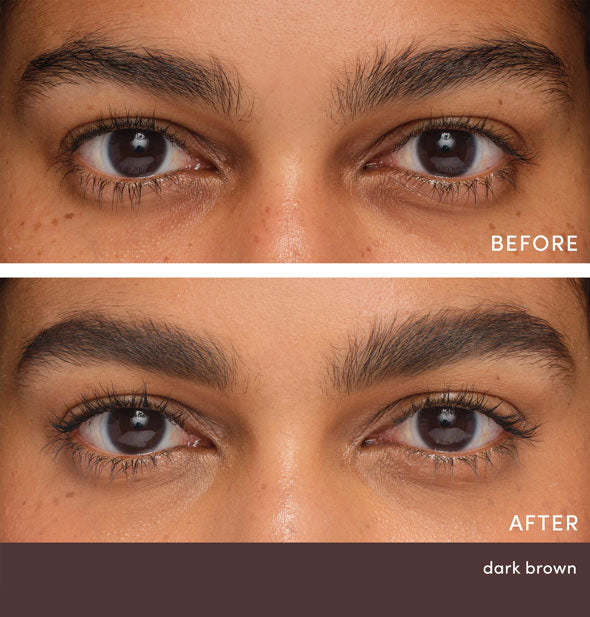 Model's eyebrows before and after applying Jane Iredale PureBrow Brow Gel in Dark Brown