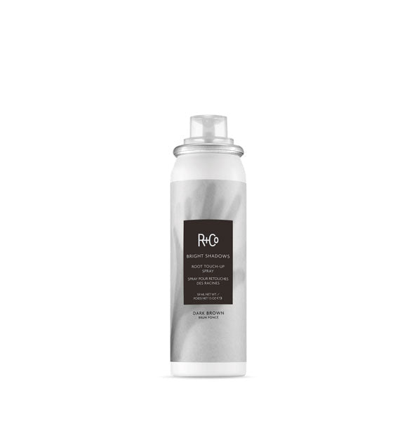 1.5 ounce can of R+Co Bright Shadows Root Touch-Up Spray in the shade Dark Brown