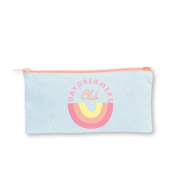 Rectangular powder blue pouch with rainbow motif and pink zipper says, "Daydreamers Club"