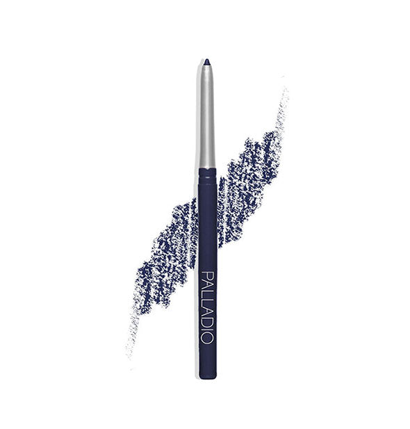 Retractable Palladio liner pencil with sample drawn behind in a dark blue shade