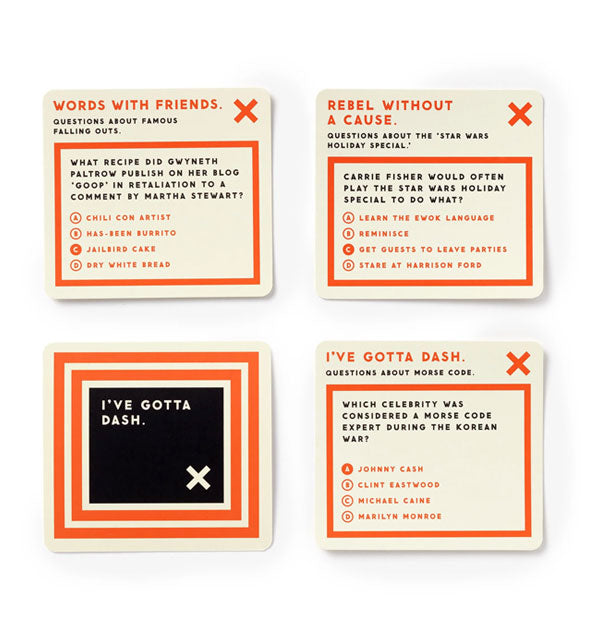 Four sample cards from the Delightfully Useless Trivia game