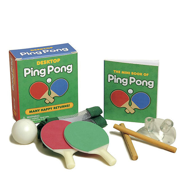 Desktop Ping Pong game with ball, paddles, net, and booklet