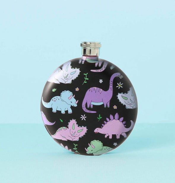 Round black flask with all-over dinosaur illustrations in pastel colors